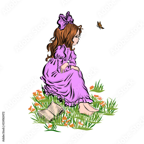 Girl with flowers dressed in a vintage dress, little cute princess. Happy childhood. 