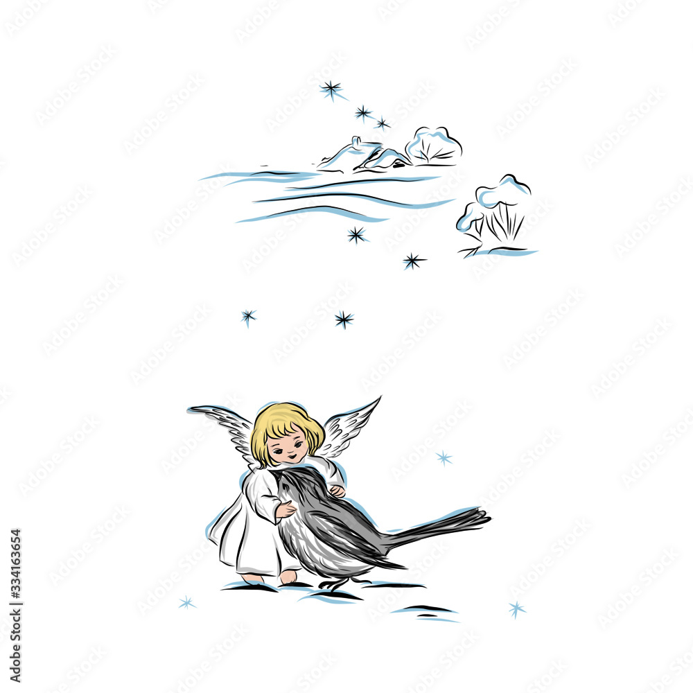 Obraz premium little angel child with wings stroking a bird, biblical symbol, religious sign for decor for Christmas, Easter. Winter snow-covered village