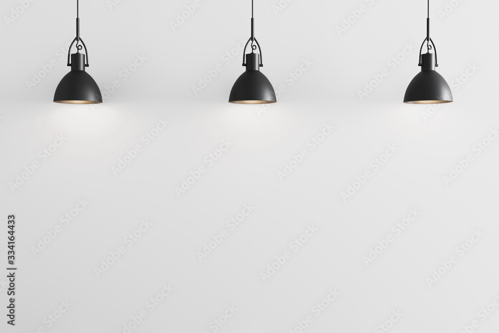 Three black pendant light on white wall background, ceiling lights, white  wall with pendant lights mockup, 3d rendering Stock Illustration | Adobe  Stock