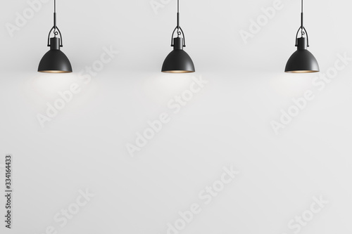 Three black pendant light on white wall background, ceiling lights, white wall with pendant lights mockup, 3d rendering photo