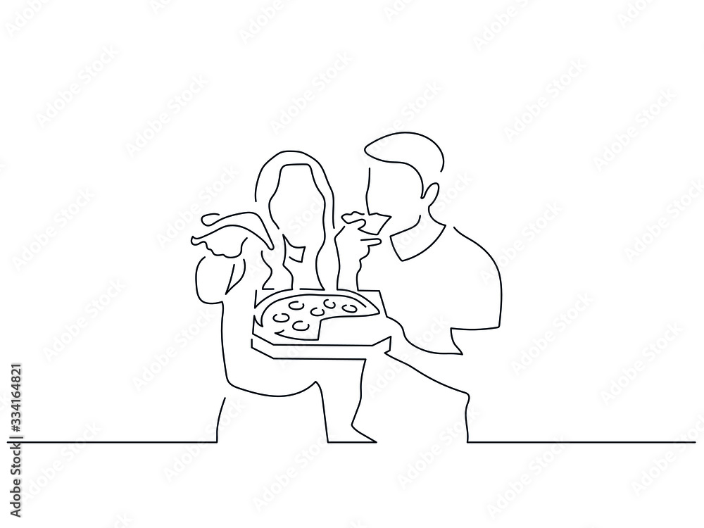 Couple eating isolated line drawing, illustration design. Food collection.