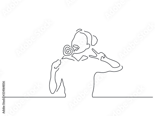 Woman eating isolated line drawing, illustration design. Food collection.