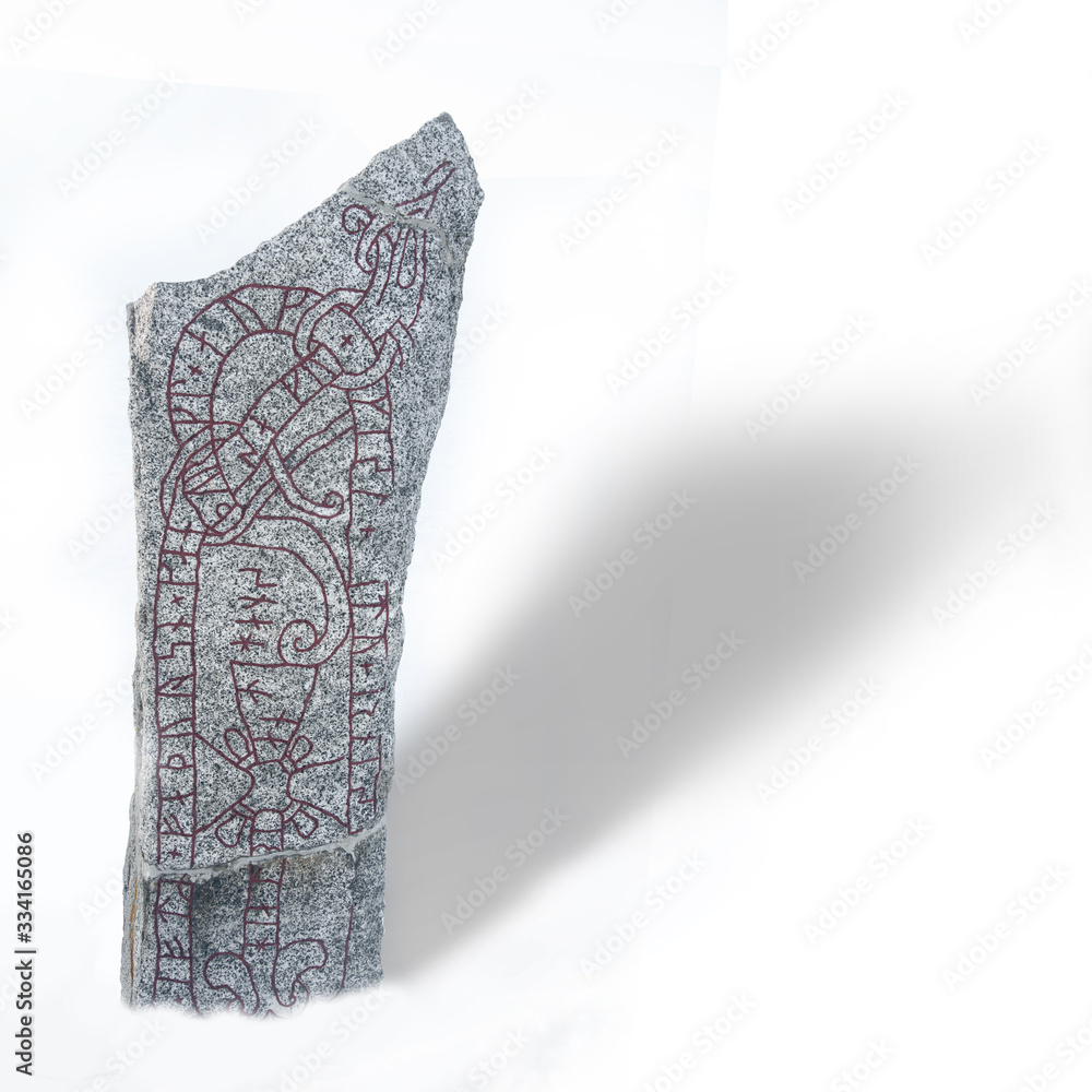 Viking runestone casting shadow in white winter landsacpe