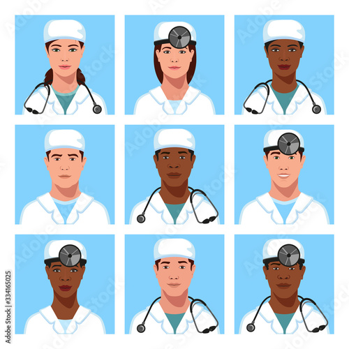 European and African American men and women physicians, ENTs in a medical cap and head reflector, stethoscope avatar set. Healthcare personal. Therapist. Hospital nurse. Vector Illustration.