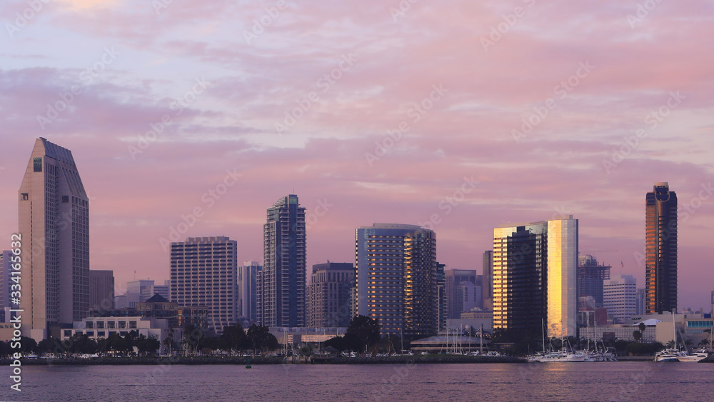 San Diego, California city center viewed at dusk