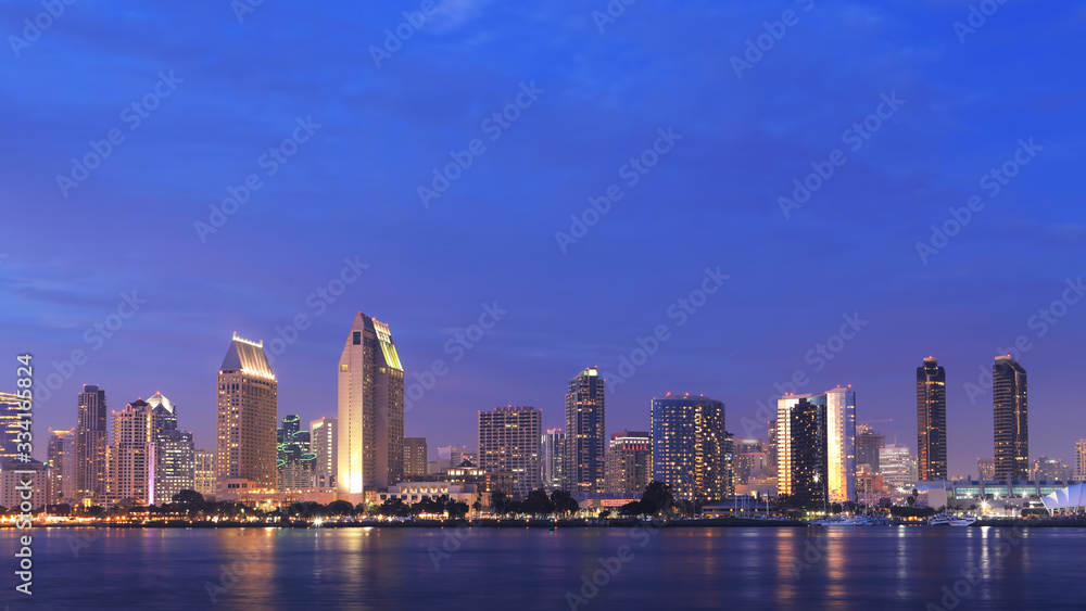 San Diego, California cityscape seen at dark