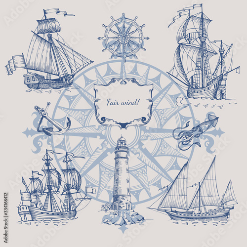 Set of decorative elements for the design of an old geographical map. Ancient caravel, sea monsters, anchor, ship's wheel, compass-meter, wind rose, framework for inscriptions, cartouche.
