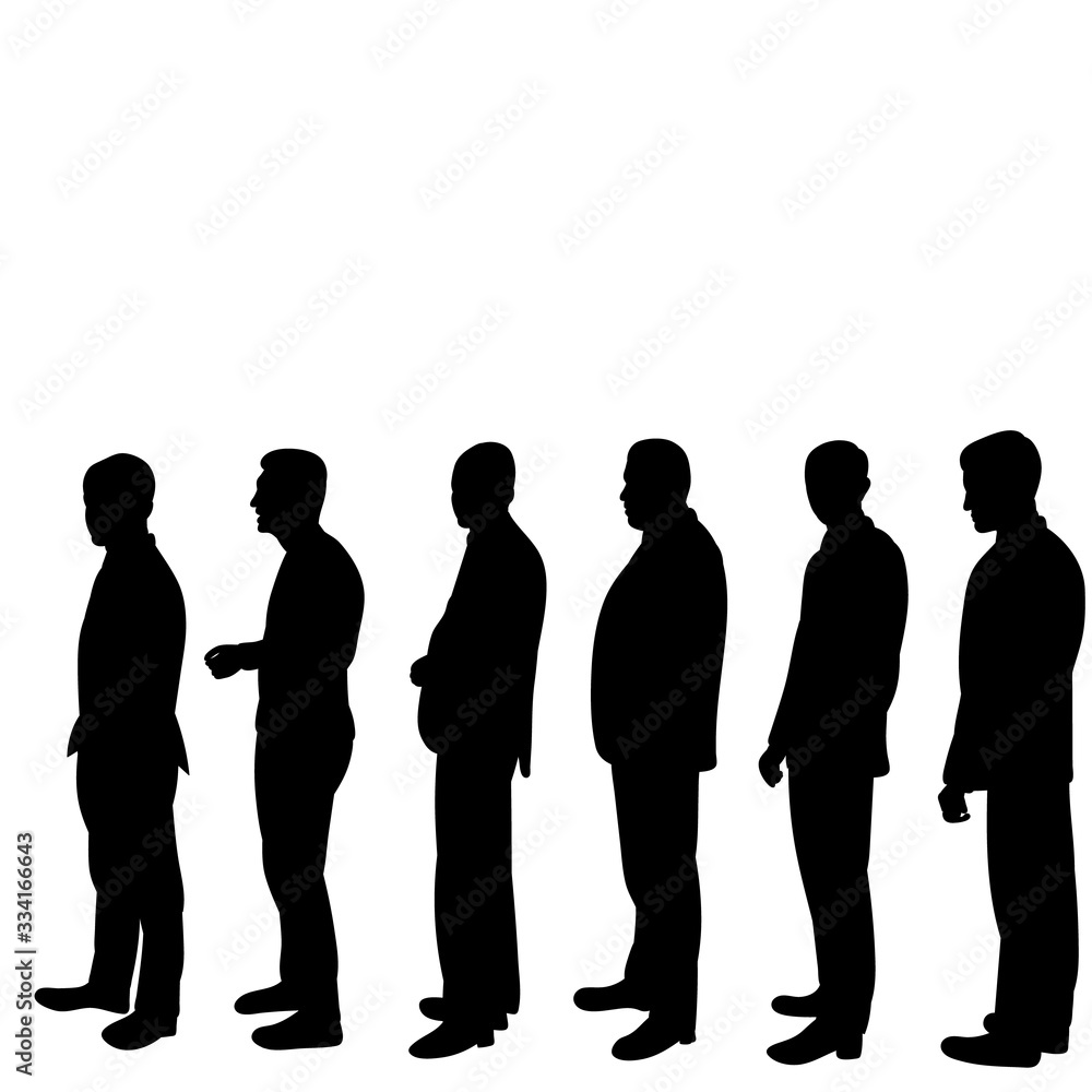 vector, isolated, black silhouette people stand, turn