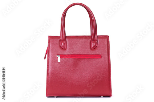 women's red leather bag on the back isolated on a white background