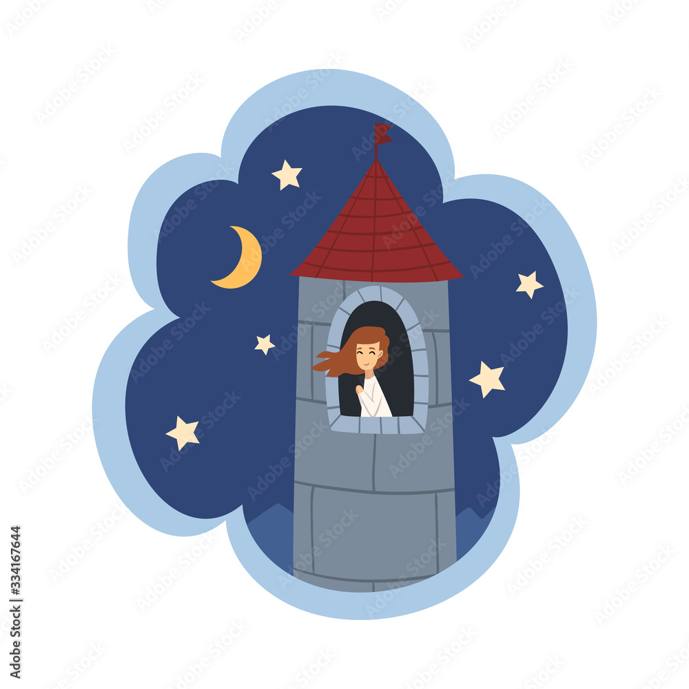 Kid Dreams, Sweet Dream Cloud with Girl Princess Sitting in Castle Tower, Childhood Fantasy Vector Illustration