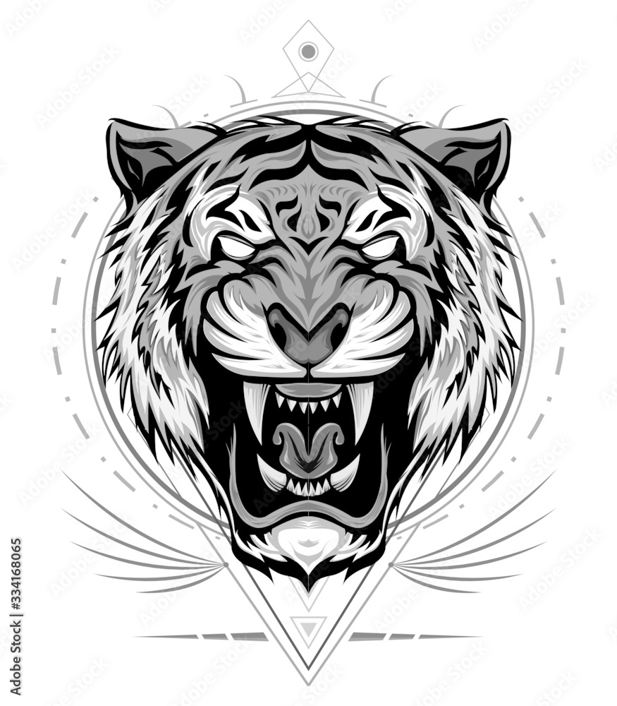 Tiger logo. Black white illustration of a tiger head. Portrait of a  predator. Tattoo wild cats. Stock Illustration | Adobe Stock
