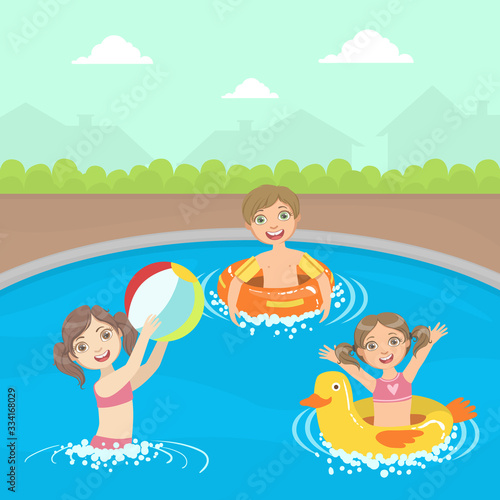 Happy Little Boys and Girls Swimming and Playing Ball in a Pool Vector illustration