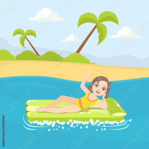 Girl Floating on Air Mattress in the Sea or Ocean at Summer Vacations Vector Illustration Vector illustration © topvectors