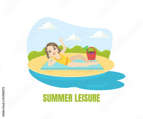 Summer Leisure Banner Template  Cute Girl Sunbathing on the Beach at Summer Vacation Vector Illustration