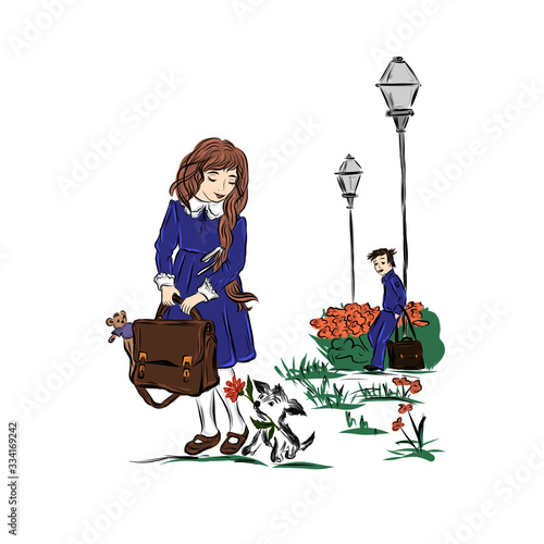 Schoolgirl with a briefcase in uniform. Dog with a flower. Boy observes standing by street lamps. September 1. Back to school. 