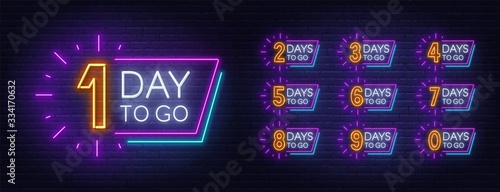Number of days to go. Countdown template. Neon sign on brick wall background.