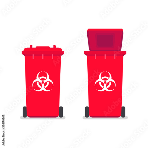Medical waste bin. Contaminated waste sign. Biohazard trash garbage bin.