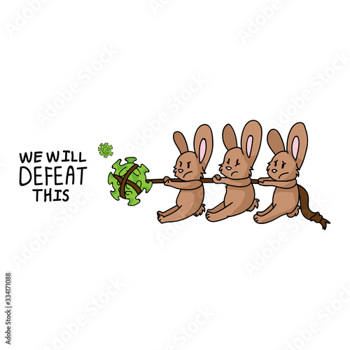 Corona virus we will defeat this rabbits tug of war poster. Covid 19 infographic struggle for fighting off sars cov 2 graphic. Educational graphic picture of virus. Friendly icon for children.