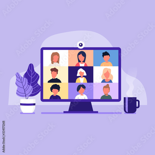 Colleagues talk to each other on the computer screen. Conference video call, working from home.