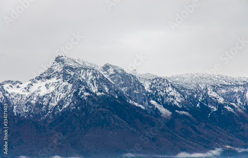 alps mountain picturesque landscape soft focus scenic view snowy peak moody foggy dramatic weather time background highland ridge