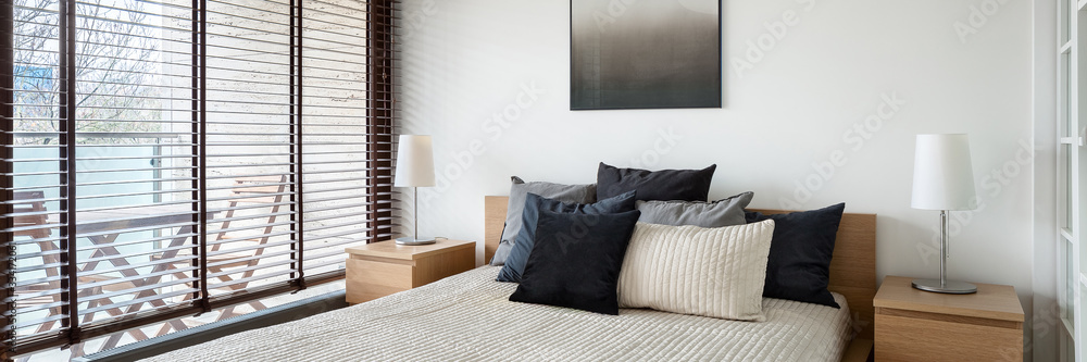 Fototapeta Big and comfortable bed, panorama