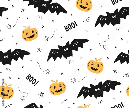 Cute seamless Halloween pattern with bats and pumpkins