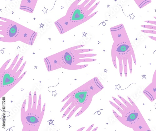 Cute seamless boho pattern with ornate ethnic hands,eyes and magic symbols n the night sky.