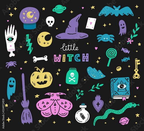 Witchcraft magic set of hand drawn Halloween doodle icons.