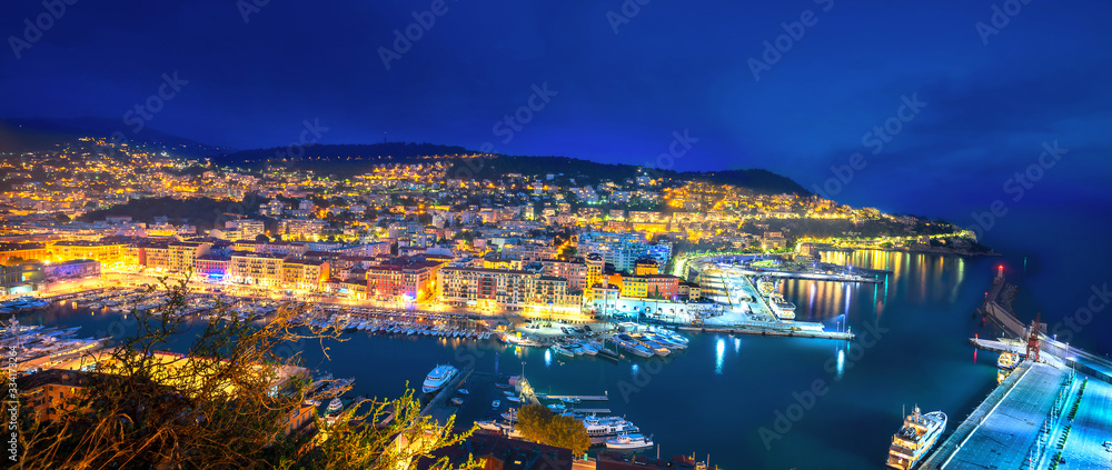 Night view of harbour and old port in Nice. France, Cote d'Azur, French Riviera