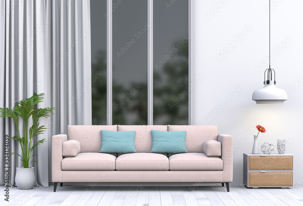 interior modern living room with sofa,  plant, lamp, decoration, 3D render - obrazy, fototapety, plakaty 