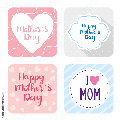 set of happy mother day cards with flowers and leafs decoration vector illustration design