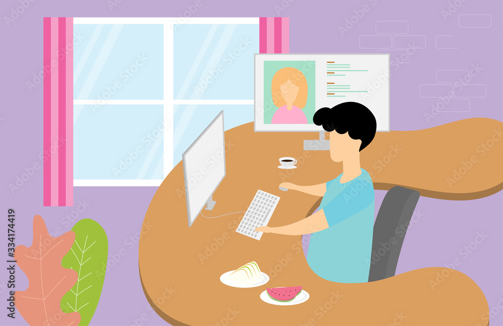 Working at home concept with a man working with computer and meeting a woman on social media.
