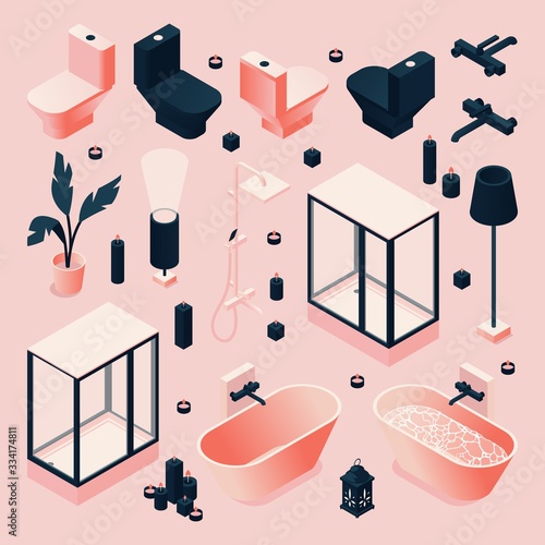 Set drawn in pink and black for bathroom with furniture and sanitary, plumbing isometric in various foreshortening. Vector concept collection