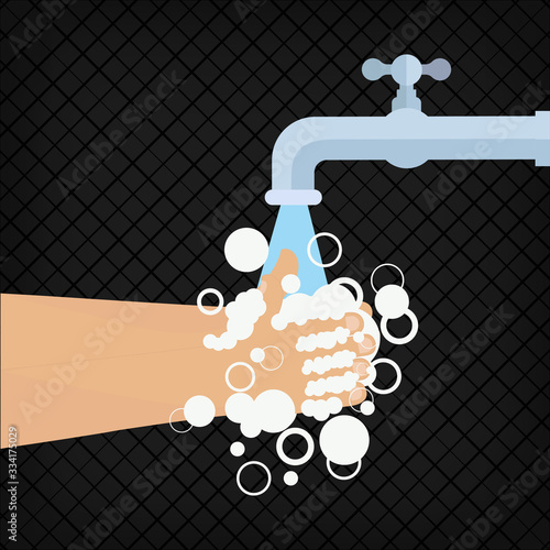 Wash your hands icon, hand wash thoroughly with tap water, soap bubble sign. On a black background. Vector illustration