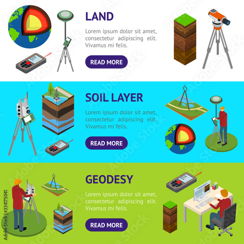 Earth Exploration Concept Banner Horizontal Set 3d Isometric View. Vector