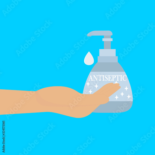 Antiseptic, a drop of an antibacterial agent drips into the hand. Personal care sign on a blue background. Vector illustration