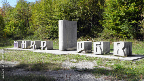 Exceptional monument Glagolitic Lane or memorial with eleven individual monuments Glagolitic Alley - Hum, Croatia (Spomenicki kompleks ili spomenik glagoljici Aleja glagoljasa - Roc, Hrvatska) photo