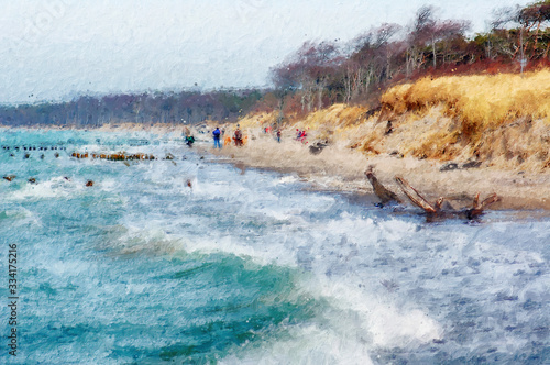 Storm weather at baltic sea coast at darss peninsula in germany. oil illustration. photo