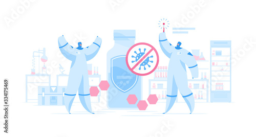 Happy research scientists discovered medicine against coronavirus