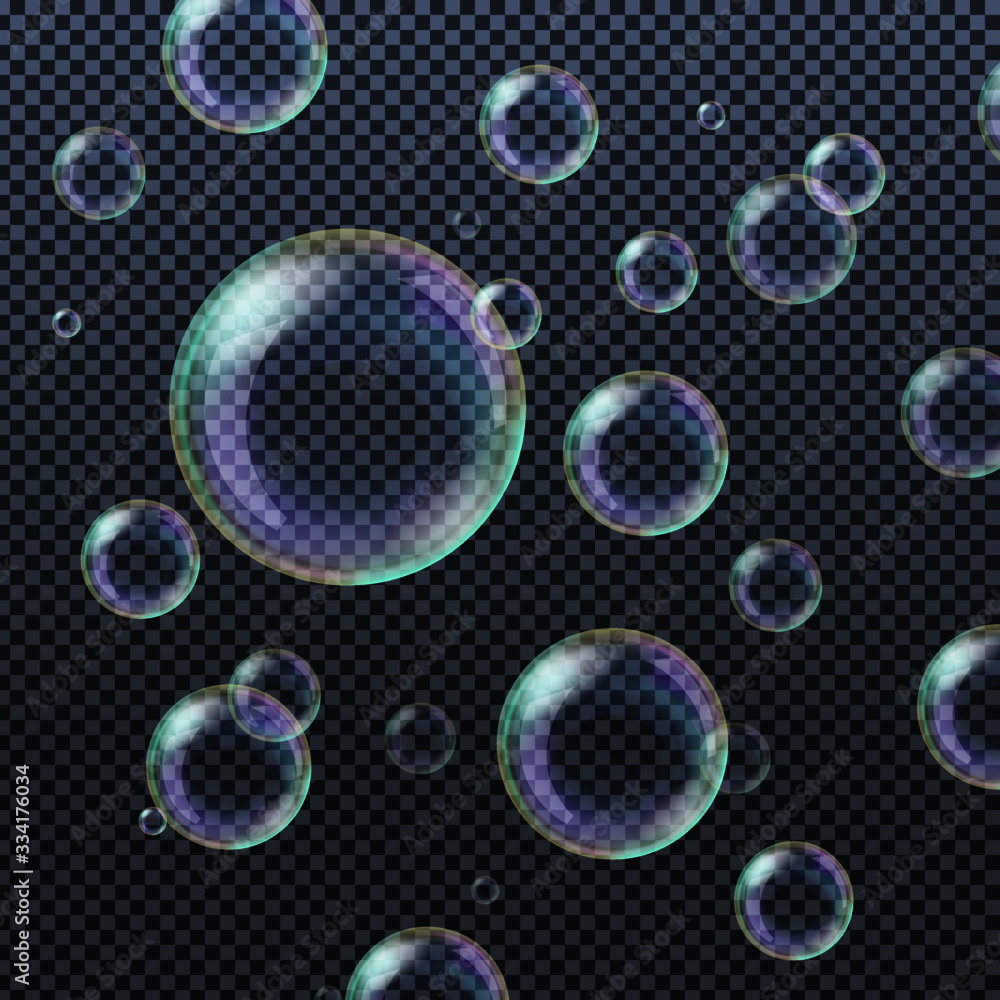 Realistic soap bubbles isolated on transparent background. Vector illustration.	