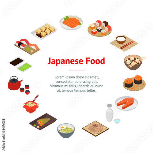 Japanese Food Concept Banner Card Circle 3d Isometric View. Vector