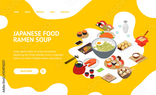 Japanese Food Concept Landing Web Page 3d Isometric View. Vector