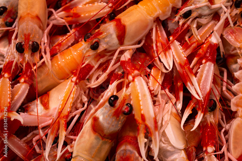 Prawns in the market. Natural food of animal origin. Food for humans