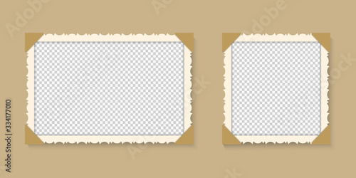 Vintage photo frame. Retro picture on isolated background. Blank paper kraft collage. Grunge postcard for phtography. Antique ornate card with torn border and corner. Picture in old style. vector.