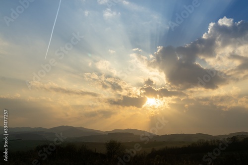 Sunrise or sunset over the hills and meadow. Slovakia