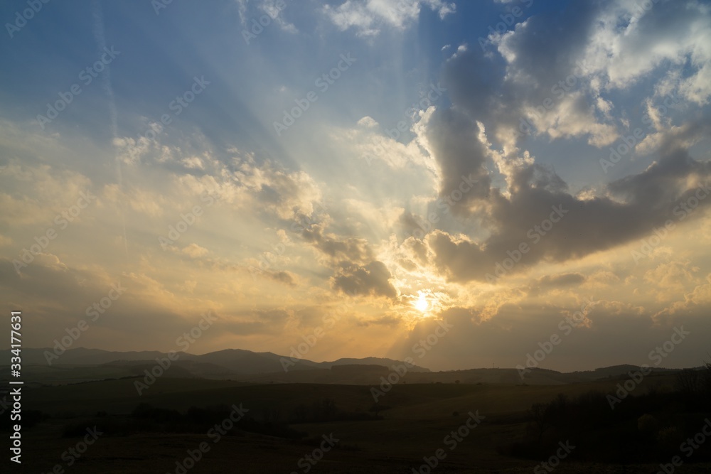 Obraz premium Sunrise or sunset over the hills and meadow. Slovakia