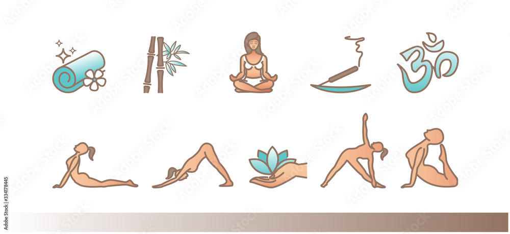 Yoga postures illustration. Woman do sport exercises. Healthy life icon set