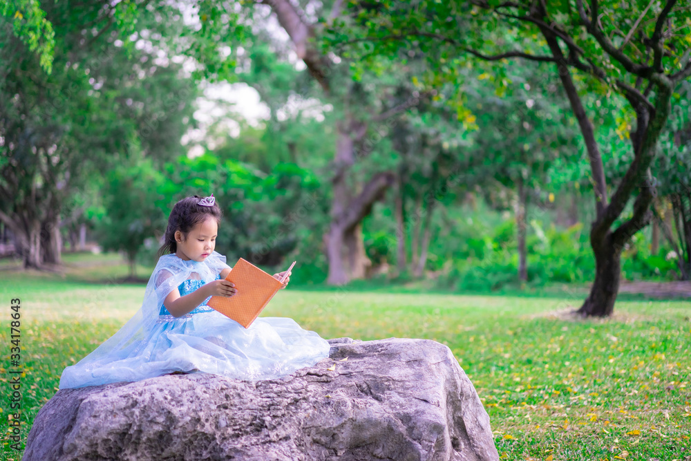 A little cute asian girl in princess costume reading a book sitting in the park A little cute asian girl in princess costume reading a book sitting in the park