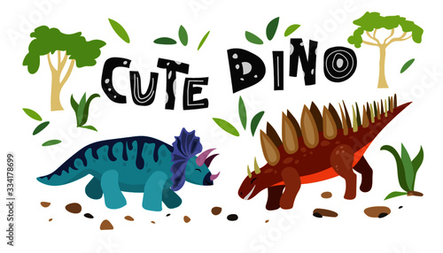 Cute dinosaur. Dino flat vector character. Sketch reptile. Isolated cartoon illustration for kids game, book, t-shirts, banner, card, logo. 