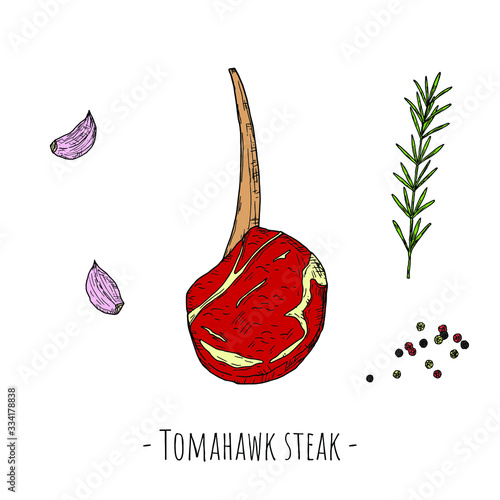Tomahawk steak. Vector cartoon illustration. Isolated object on a white background. Hand-drawn style.